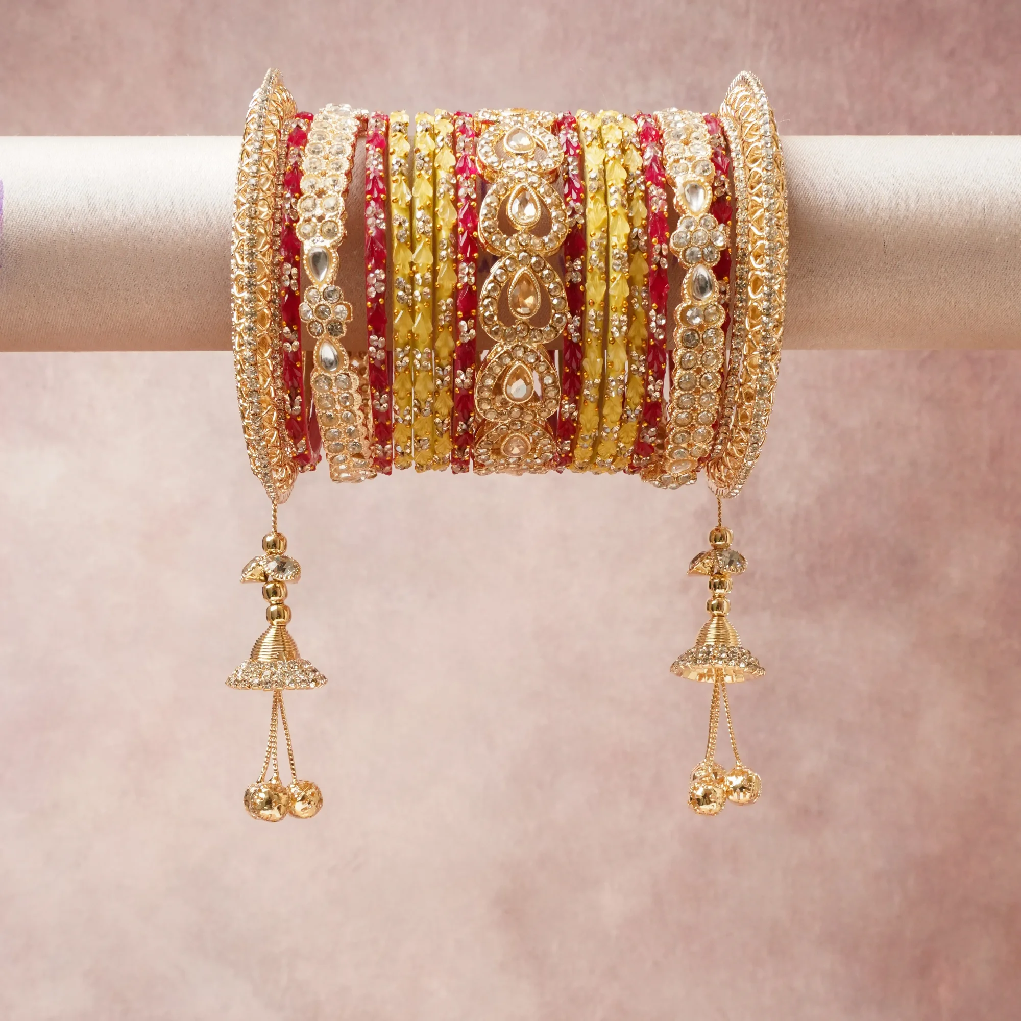 A majestic Deep Ruby set, complemented by Brilliant White featuring Gold-plated Metal, Kundan (Foil-backed Glass), Faceted Cubic Zirconia, Faceted Glass Beads.
Rich, ceremonial, and designed to be passed through generations.